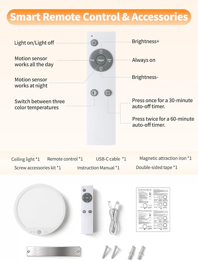 Rechargeable Motion Sensor Ceiling Light with Remote, Magnetic Mount, Cordless, Dimmable 3 Color Temperatures (6500K~3000K), No Wiring LED Light for Closet, Stairs, Hallway, Porch, Pack of 2