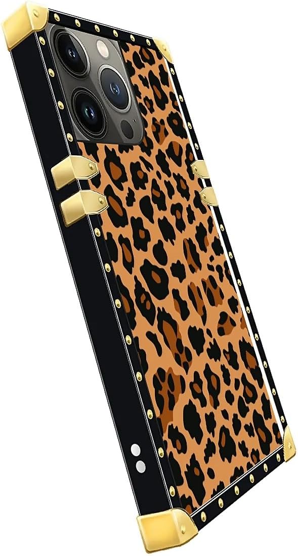 Compatible with iPhone 14 Pro Max Case, Brown Leopard Texture Luxury Golden Decoration for Girl Women Soft TPU Shockproof Protective Hard PC Back for iPhone 14 Pro Max