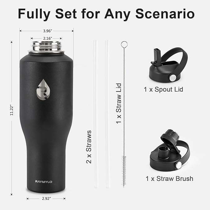 RAYMYLO 40 oz Insulated Water Bottle with Straw fit in Car Cup Holder, Triple Wall Vacuum Stainless Steel(Cold 48 hrs, Hot 24 hrs), Leakproof & Non-BPA, Hydro Travel Flask with Straw and Spout Lid