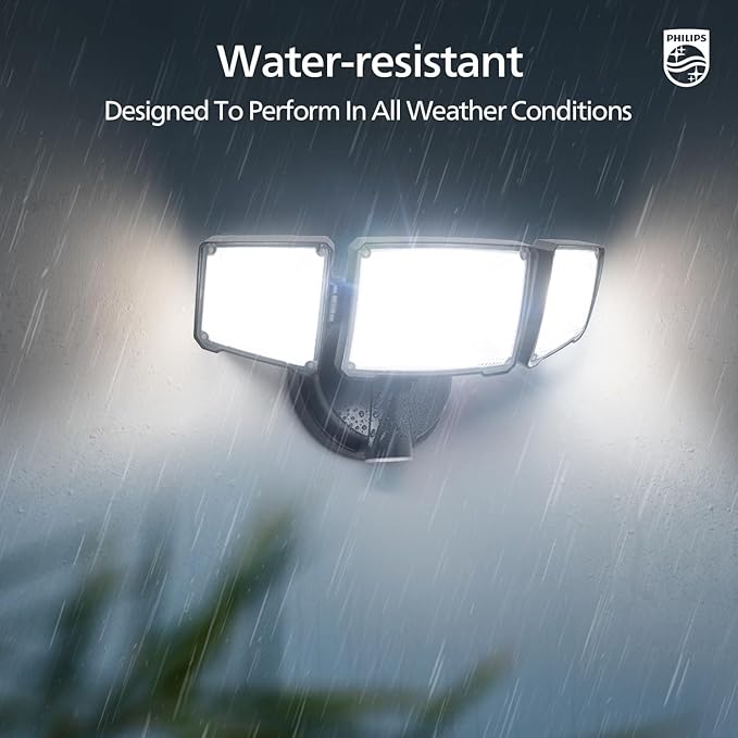 Philips 72W 7400LM LED Flood Lights Outdoor, Dusk to Dawn Aluminum Security Lights, 3 Adjustable Heads, Wall Mount, 5000K Daylight, Waterproof for Yard, Garage