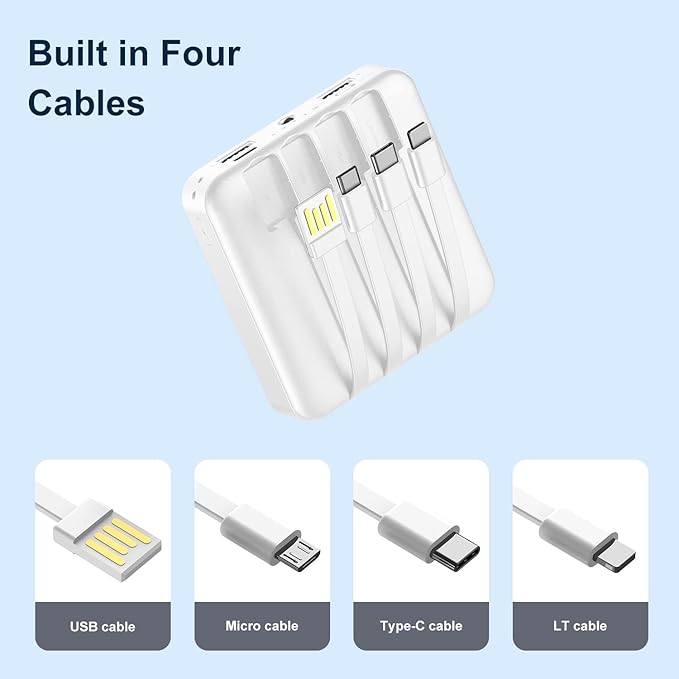 Solar Portable Charger 12000mAh, Small Solar Power Bank, USB C Input/Output External Battery with Built-in 4 Cables, Two-Hand Flashlight, Suitable for iPhone, Tablet Computers and Samsung