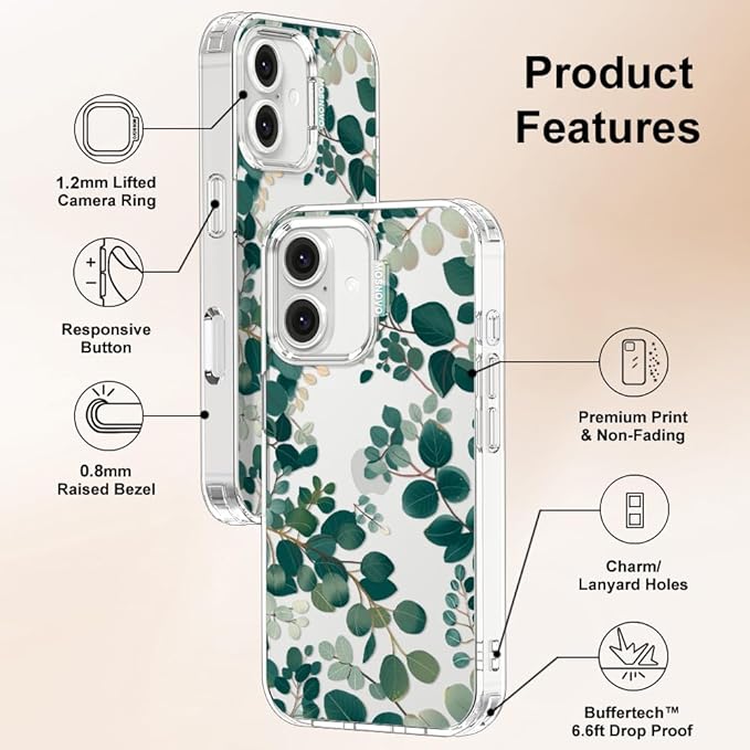 MOSNOVO Case for iPhone 16 Plus, [Buffertech 6.6ft Military-Grade Drop Protection] [Anti Peel Off Tech] Clear TPU Bumper Phone Case Cover Design - Eucalyptus