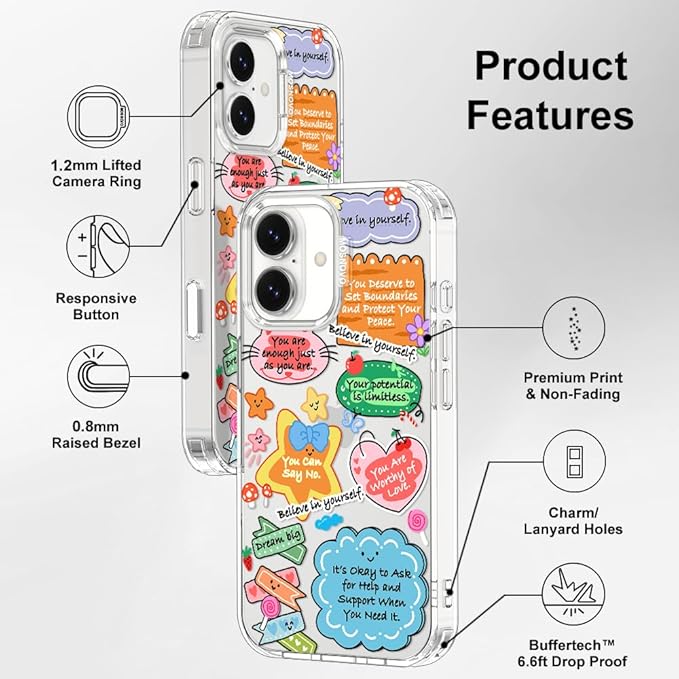 MOSNOVO for iPhone 17 Case, Shockproof Military-Grade Protection 6.6ft Drop Tested, Camera Control, Clear Phone Case for iPhone 17, Self Love Club Design