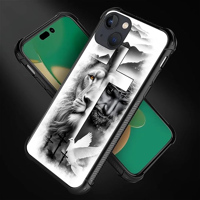 for iPhone 13 Case, Lion Cross Jesus Christ Dove Pattern Graphic Design Girl Boy Soft Silicone Hard Acrylic Shock Protection for iPhone 13