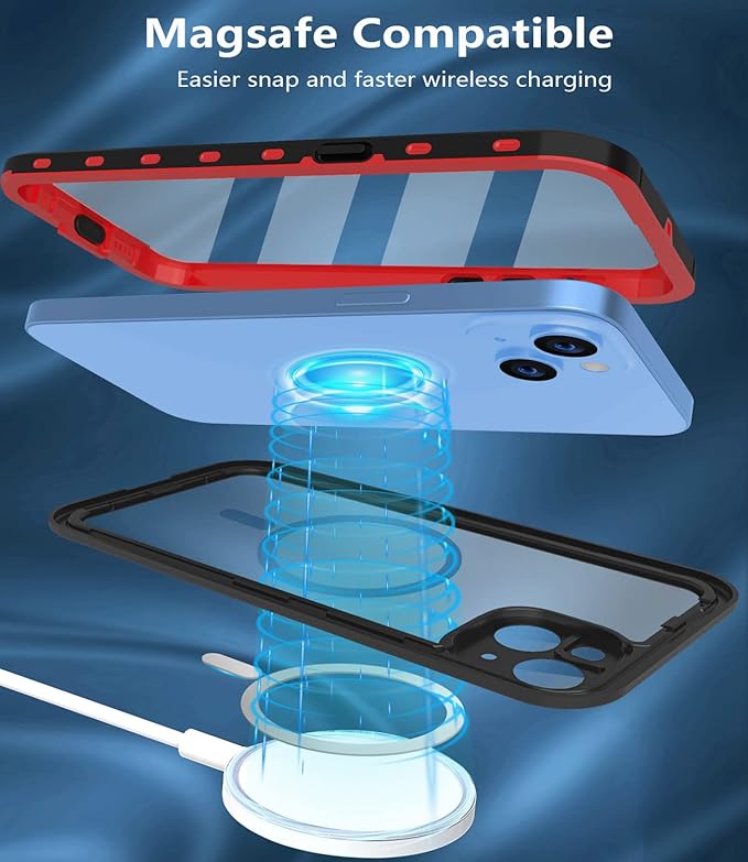 for iPhone 14 Plus Waterproof Case - Shockproof, Dustproof, Built-in Screen Protector, Magnetic Ring, 6.7" (Red)