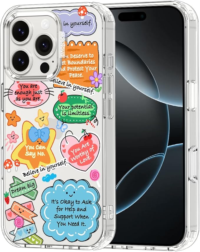 MOSNOVO for iPhone 16 Pro Case, Shockproof Military-Grade Protection 6.6ft Drop Tested, Clear Phone Case for iPhone 16 Pro, Self Love Club Design