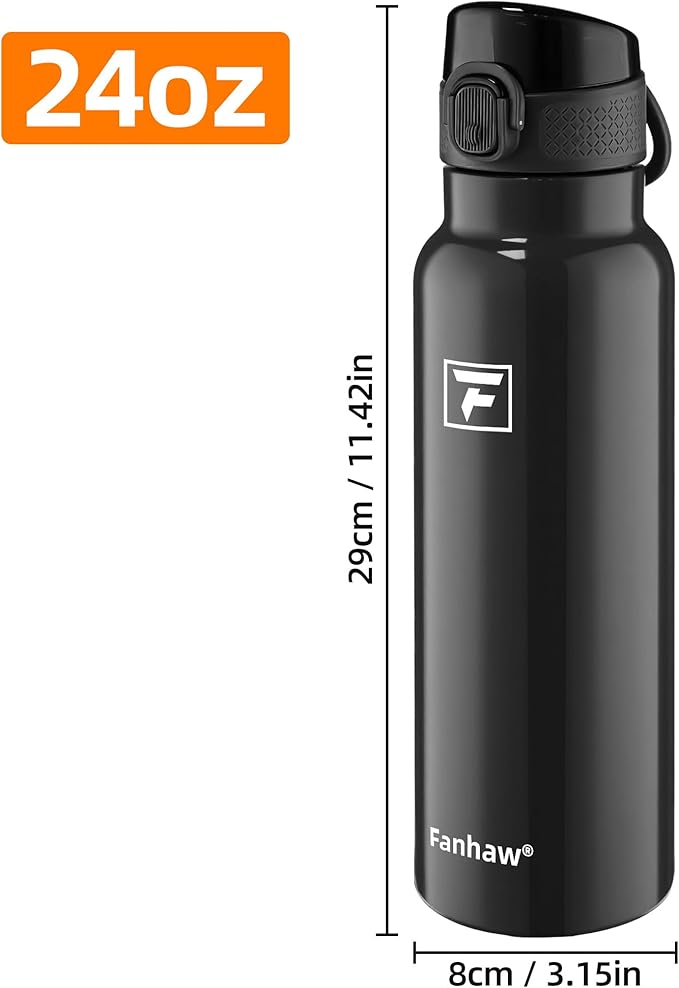 Fanhaw Daylite Series 24 oz Stainless Steel Insulated Water Bottle with Silicone Spout Lid, Double-Wall Vacuum Leakproof Metal Bottle, Anniversary Birthday Gift for Kids, Women & Men (Glossy Black)