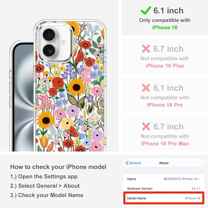 MOSNOVO Case for iPhone 16, [Buffertech 6.6ft Military-Grade Drop Protection] [Anti Peel Off Tech] Clear TPU Bumper Phone Case Cover Design - Blossom & Bloom