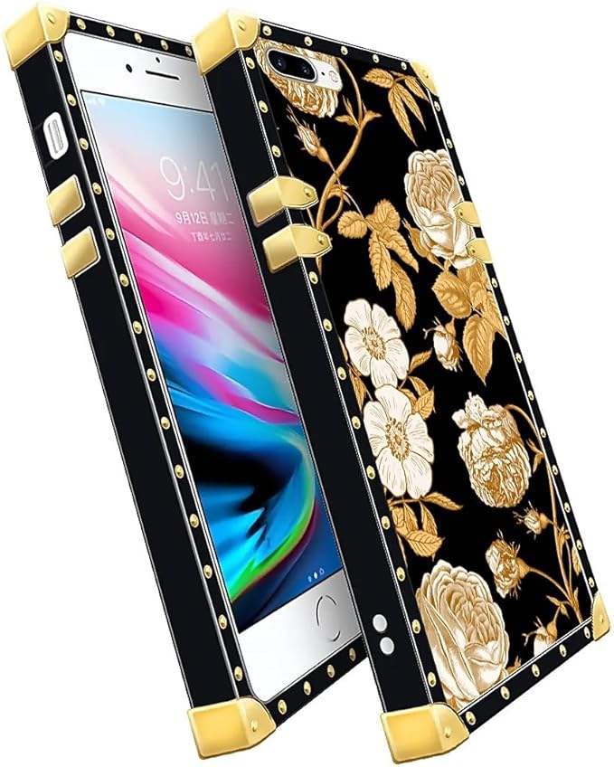 Compatible with iPhone 8 Plus 7 Plus Case, Blooming Rose Golden Flower Luxury Golden Decoration for Girl Women Soft TPU Shockproof Protective Hard PC Back for iPhone 8 Plus 7 Plus