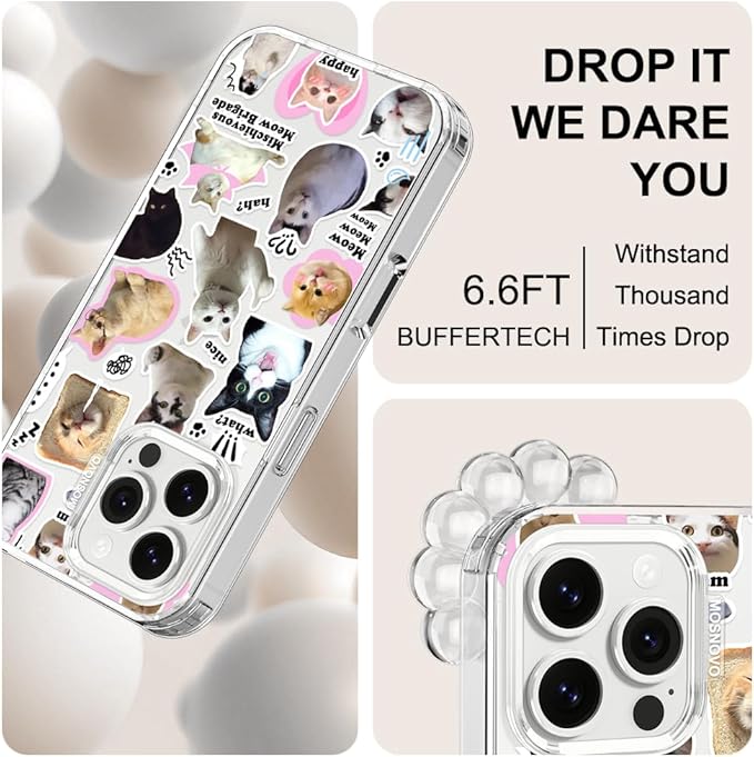 MOSNOVO Case for iPhone 16 Pro Max, [Buffertech 6.6ft Military-Grade Drop Protection] [Anti Peel Off Tech] Clear TPU Bumper Phone Case Cover Design - The Cat Brigade