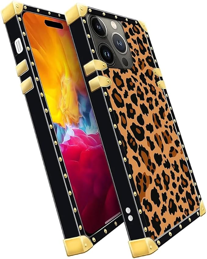 Compatible with iPhone 15 Pro Max Case, Brown Leopard Texture Luxury Golden Decoration for Girl Women Soft TPU Shockproof Protective Hard PC Back for iPhone 15 Pro Max