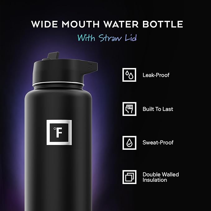 IRON °FLASK Camping & Hiking Hydration Flask with Straw, Wide Mouth Insulated Stainless Steel Sports Water Bottle - Blue Waves 40 oz - Straw (1 Lid)