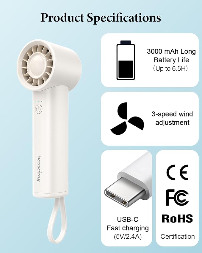 Portable Handheld Fan with Power Bank(High-Speed),3 IN 1 USB Rechargeable Mini Personal Fan with Flashlight,Small Size for Outdoor/Travel/Beach/Concerts/Summer.Gifts for Girl,Women. White