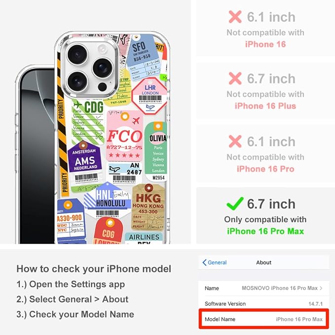 MOSNOVO Case for iPhone 16 Pro Max, [Buffertech 6.6ft Military-Grade Drop Protection] [Anti Peel Off Tech] Clear TPU Bumper Phone Case Cover Design - Air Ticket Labels