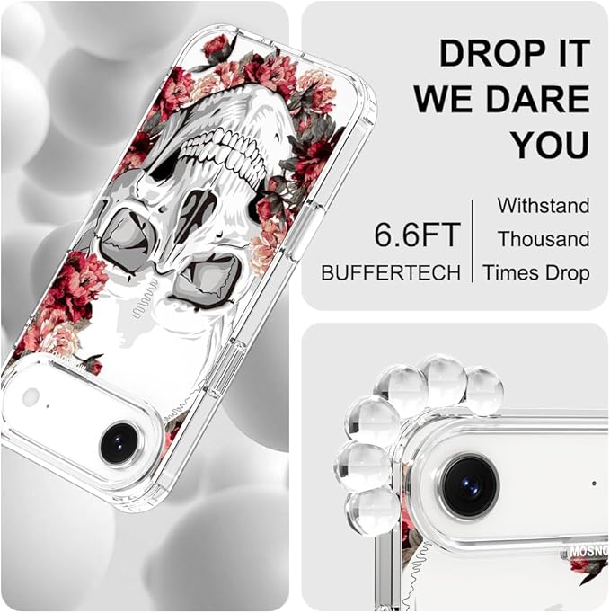 MOSNOVO for iPhone Air Case | Military Grade 6.6ft Drop Tested | Camera Control | Clear with Red Flower Skull Design
