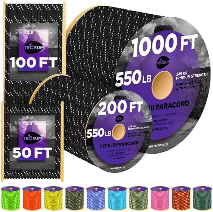 TECEUM Reflective Paracord Rope 1000 – 1000ft/200ft/100ft/50ft – 40+ Colors – Glow in The Dark – para Cord – Utility Rope for Survival, Hunting & Camping Gear – Nylon String, Camping Rope, Tent Cord