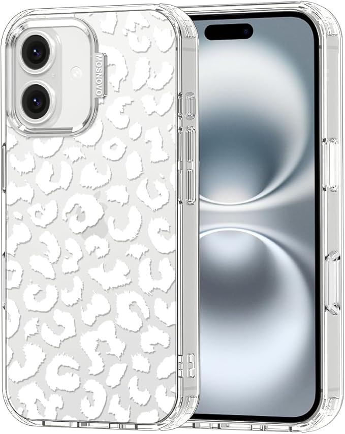 MOSNOVO Case for iPhone 16, [Buffertech 6.6ft Military-Grade Drop Protection] [Anti Peel Off Tech] Clear TPU Bumper Phone Case Cover Design - White Leopard Print