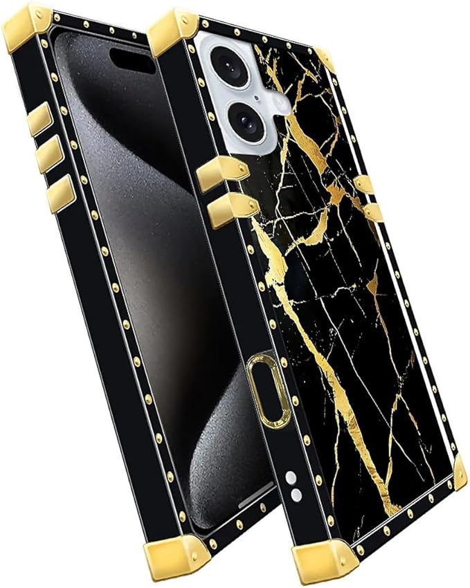 Compatible with iPhone 16 Plus Case, Black Gold Marble Nature Luxury Golden Decoration for Girl Women Soft TPU Shockproof Protective Hard PC Back