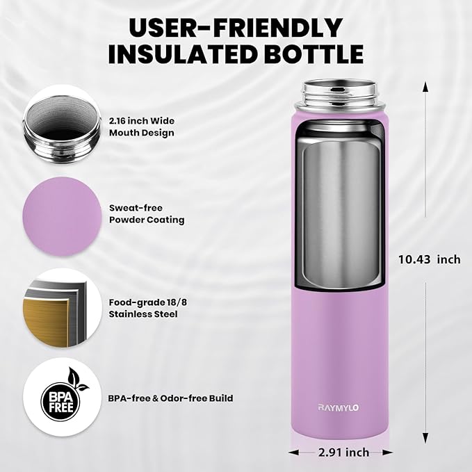 RAYMYLO Insulated Water Bottle 24oz, Triple Wall Vacuum Stainless Steel (Cold for 24Hrs, Hot for 12Hrs), Leak Proof & Non-BPA, 24oz Hydro Water Flask with Paracord Handle & Straw Spout Lids