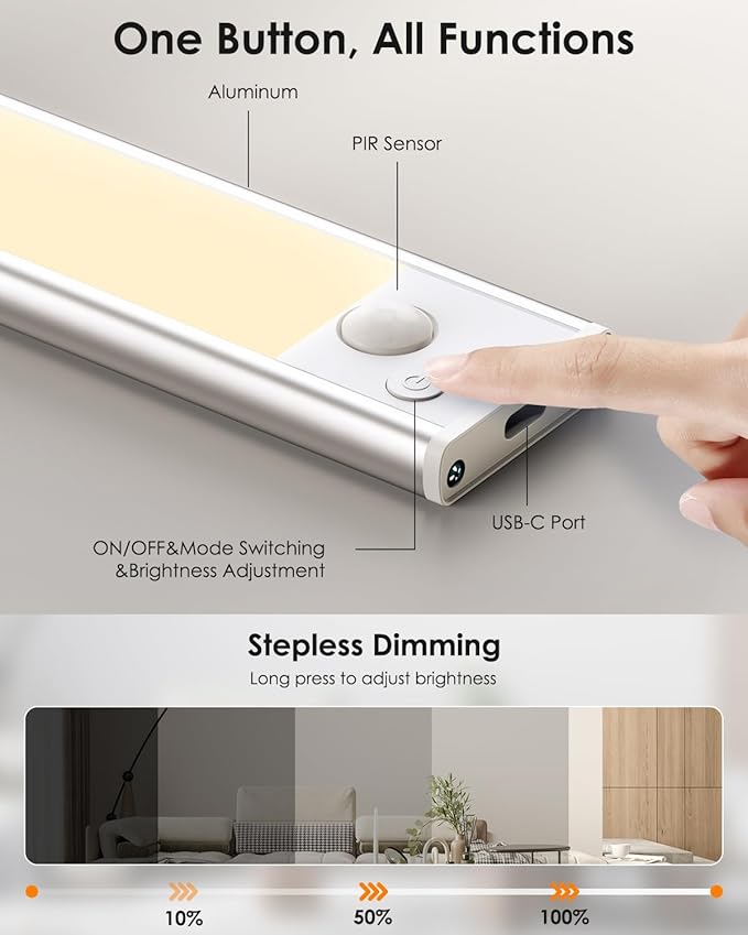 5 Pack Under Cabinet Lights, Rechargeable Under Cabinet Lighting Wireless, Motion Sensor Light Indoor LED Closet Lights Upgraded 2200mAh, Magnetic Under-Counter Light Fixtures for Kitchen Home, 10in