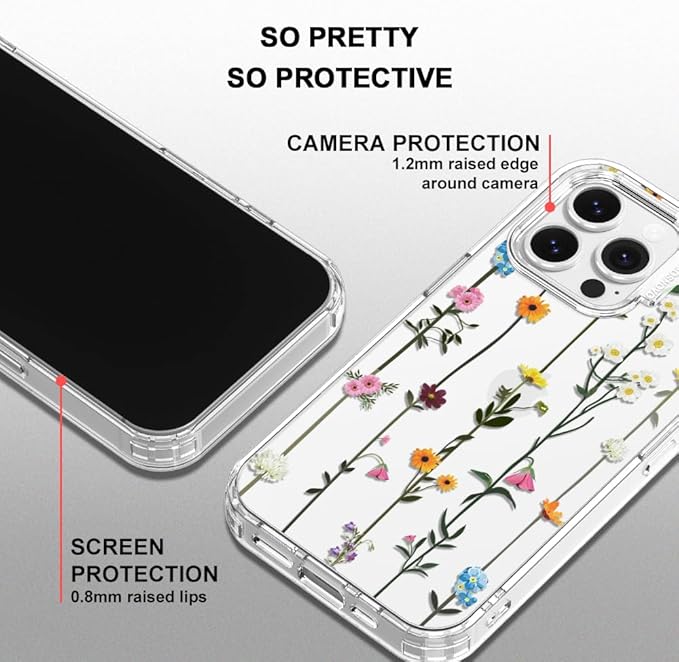 MOSNOVO Case for iPhone 14 Pro Max, [Buffertech 6.6ft Military-Grade Drop Protection] [Anti Peel Off Tech] Clear TPU Bumper Phone Case Cover Design - Wildflowers