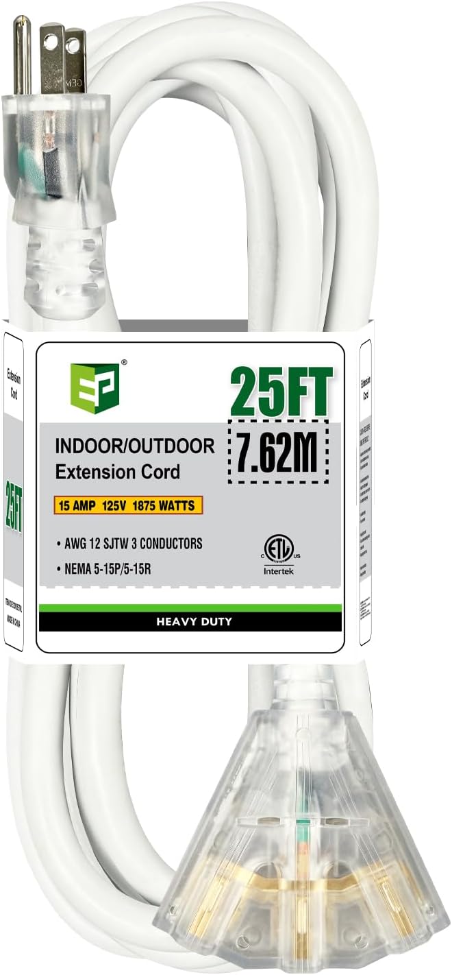 EP 25FT 12 Gauge Heavy Duty Extension Cord, 15A 125V 1875W, 3 Outlet Indoor/Outdoor Power Cord with Lighted End, 12/3 SJTW Weatherproof White, ETL Listed