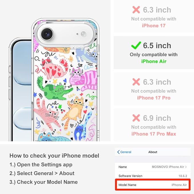 MOSNOVO for iPhone Air Case, Shockproof Military-Grade Protection 6.6ft Drop Tested, Camera Control, Clear Phone Case for iPhone 17 Air, Doodle Cats Design