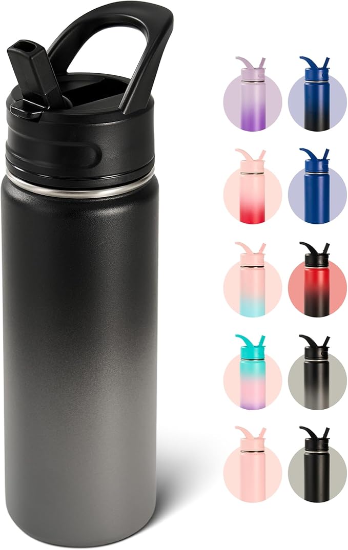 Fijinhom 18oz Insulated Stainless Steel Water Bottle with Straws, Double Wall Vacuum Insulated Bottles, Metal Thermo for Travel, Sports, Leak-Proof, BPA Free, Women & Men, Grey Gradient