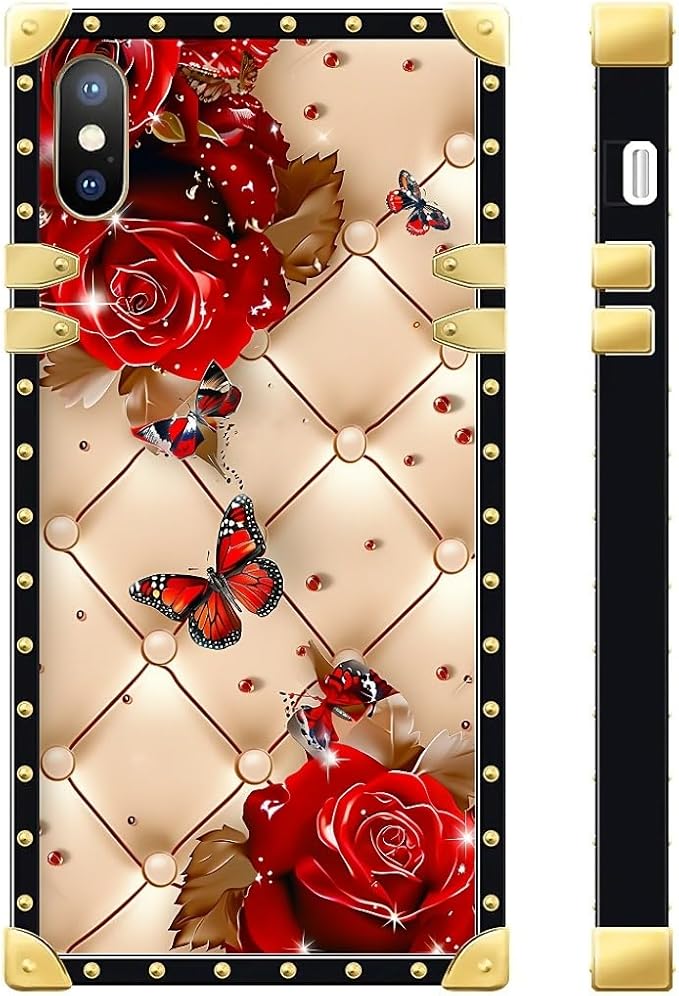 Compatible with iPhone XR Case, Shining Red Rose Butterfly Leather Background Luxury Golden Decoration for Girl Women Soft TPU Shockproof Protective Hard PC Back for iPhone XR