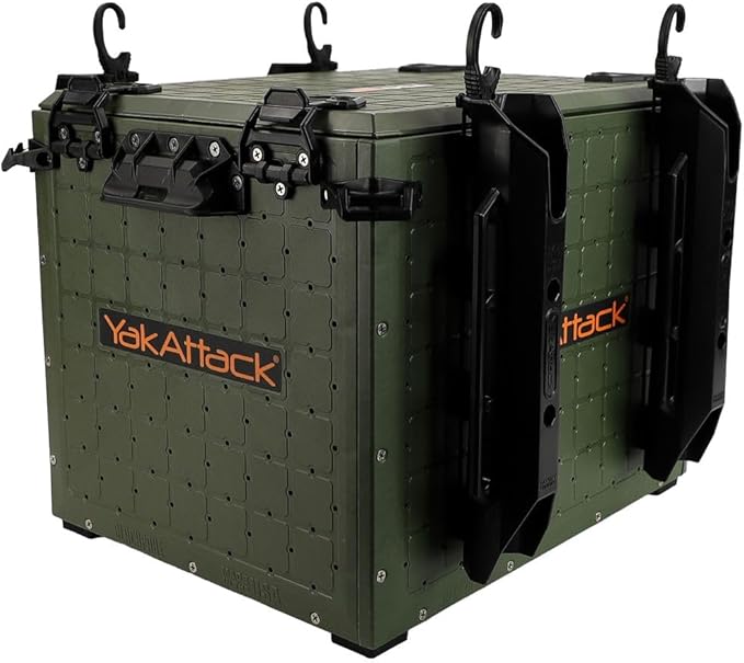 YakAttack BlackPak Pro Kayak Fishing Crate - Ranger Green | 13" x 16" Riggable Kayak Gear Storage System with Hinged Lid, GridLoc Mount Panels & 4 TetherTube Rod Holders | Lightweight Tankwell Crate