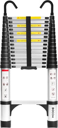 BOCOM 14.5 FT Aluminum Telescoping Ladder with Hooks, Lightweight Multi-Purpose Collapsible Extension with 2 Triangle Stabilizers, Heavy Duty 330 lbs Max Capacity for Home, RV, and Outdoor Work Silver