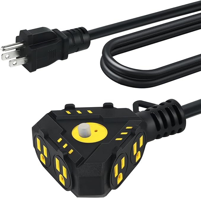 6FT 14 Gauge Outdoor Extension Cord 6-Outlet 14/3 SJTW Heavy Duty Extension Cord with Multiple Outlets Waterproof 3 Prong for Garage Workshop 15A 125V 1875W ETL Listed