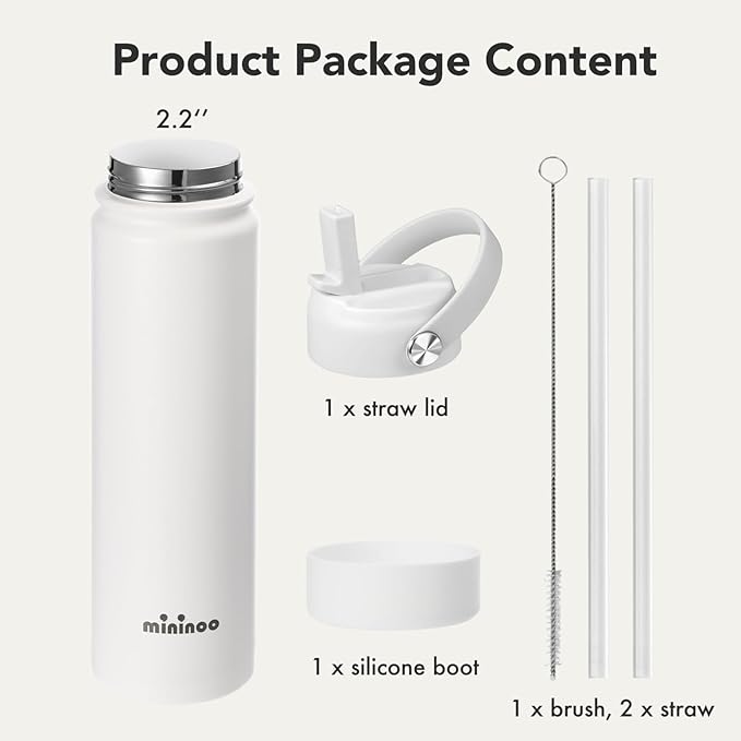 Mininoo Insulated Stainless Steel Water Bottle with Straw, Ceramic-Lined, BPA-Free & Leak-Proof, 24 oz, White