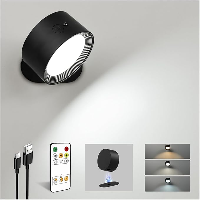 LED Wall Mounted Lights, Rechargeable Wall Sconces Lamp, 3 Color Temps & Remote and Touch, 360°Rotation Dimmable Cordless Wall Light for Study Bedroom Reading Bedside(Black, 1 Pack)