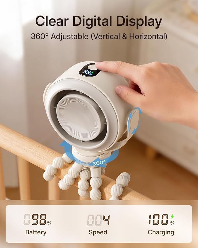 SWEETFULL Portable Stroller Fan, Pinch-Proof Baby Fan, 10H Battery, 5-Speed Quiet Mini Clip on Fan, USB-C Rechargeable with LED Display for Car Seat, Crib & Travel - Cream