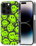 MOSNOVO Case for iPhone 14 Pro, [Buffertech 6.6ft Military-Grade Drop Protection] [Anti Peel Off Tech] Clear TPU Bumper Phone Case Cover Design - Distorted Green Smiles Face