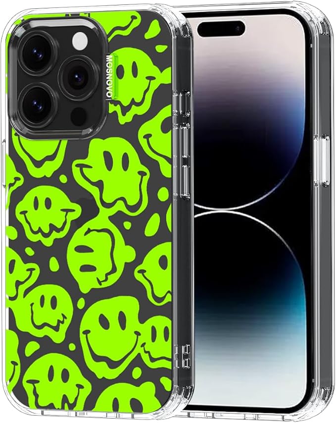 MOSNOVO Case for iPhone 14 Pro, [Buffertech 6.6ft Military-Grade Drop Protection] [Anti Peel Off Tech] Clear TPU Bumper Phone Case Cover Design - Distorted Green Smiles Face