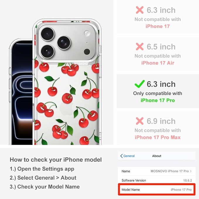 MOSNOVO for iPhone 17 Pro Case | Military Grade 6.6ft Drop Tested | Camera Control | Clear with Cute Cherry Design