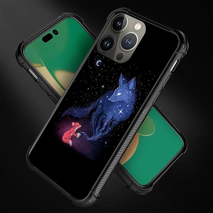 for iPhone 14 Pro Case, Galaxy Fox Wolf Pattern Graphic Design Girl Boy Soft Silicone Hard Acrylic Shock Protection for iPhone 14 Pro