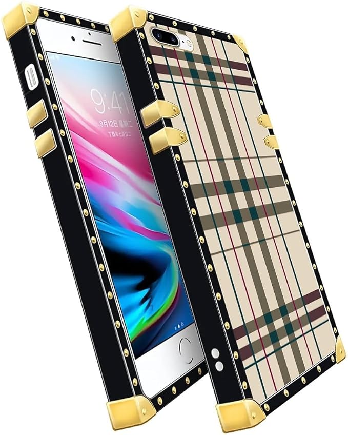 Compatible with iPhone 8 Plus 7 Plus Case, Black Red Beige Stripes Luxury Golden Decoration for Girl Women Soft TPU Shockproof Protective Hard PC Back for iPhone 8 Plus 7 Plus