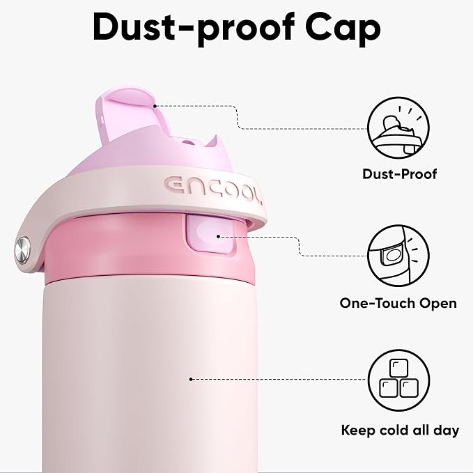 ENCOOL Leakproof Insulated Water Bottle with Straw Dual-Sip Water Bottle Bag-Safe Design for Work, Commute & Gym – Keeps Drinks Cold All Day, 24 oz, Macaron Pink