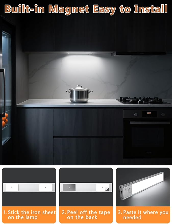 Under Cabinet Rechargeable Lighting: Motion Sensor Dimmable Lights Indoor - Battery Operated Lights - Wireless Activated Closet Light Magnetic Led Light for Kitchen Home Bathroom Counter 3 Pack