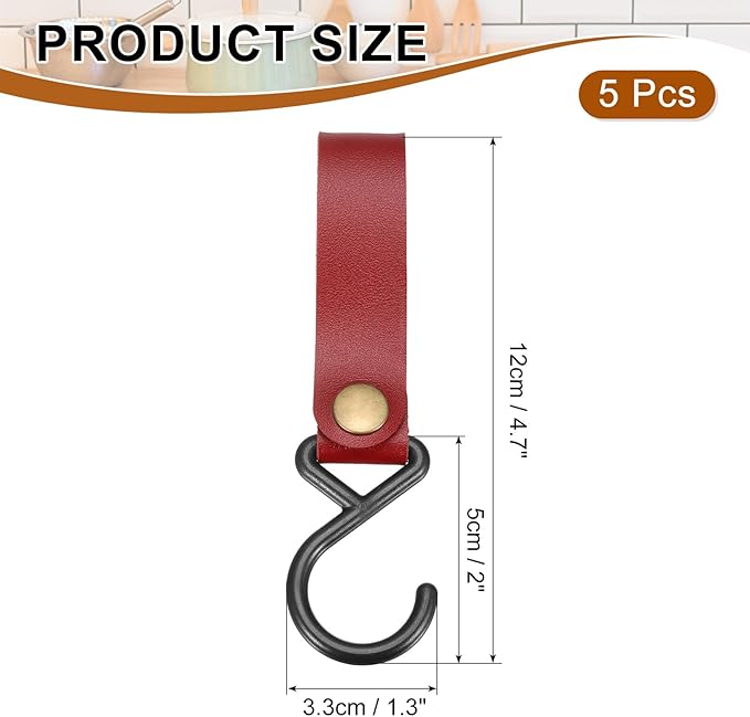 uxcell 5pcs PU Leather Hooks, Leather Straps with Hooks, S-Shape Hooks for Outdoor Camping Hanging Pots Pans Utensils Wine Red