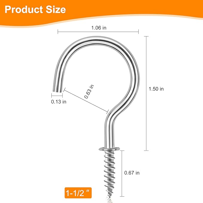 Cup Screw Hooks,1-1/2 inch Metal Screw in Ceiling Hooks 45 Pack Plant Hanger Wind Chimes Kitchen Cup Hooks Great for Hanging Indoor & Outdoor Use(Silver)