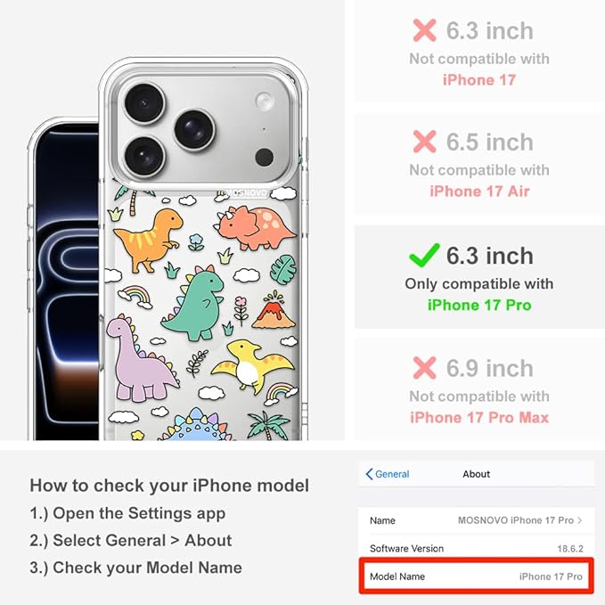 MOSNOVO for iPhone 17 Pro Case | Military Grade 6.6ft Drop Tested | Camera Control | Clear with Dinosaur Land Design