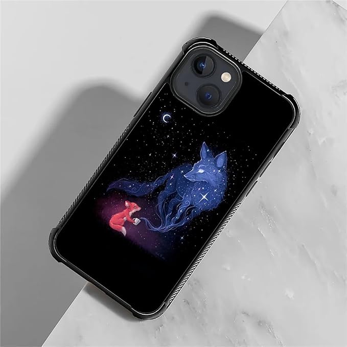 for iPhone 15 Case, Galaxy Fox Wolf Pattern Graphic Design Girl Boy Soft Silicone Hard Acrylic Shock Protection for iPhone 15