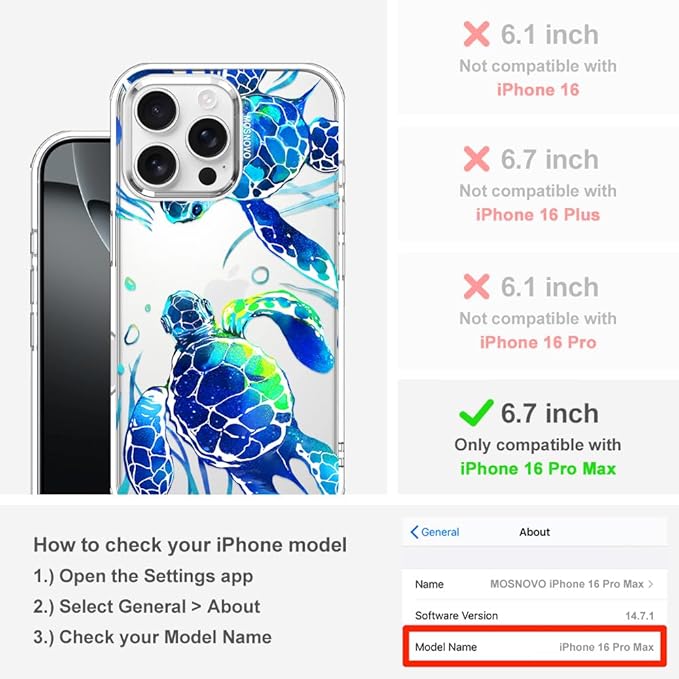 MOSNOVO Case for iPhone 16 Pro Max, [Buffertech 6.6ft Military-Grade Drop Protection] [Anti Peel Off Tech] Clear TPU Bumper Phone Case Cover Design - Sea Turtles
