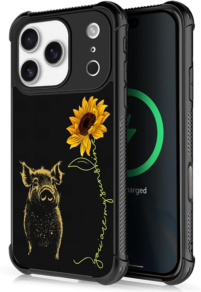 for iPhone 17 Pro Case,for MagSafe Graphic Design for Girl Boy Soft Silicone Hard Acrylic Shock Protection Designed for iPhone 17 Pro Pig Sunflower Yellow Sunshine Pattern