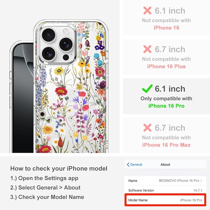 MOSNOVO Case for iPhone 16 Pro, [Buffertech 6.6ft Military-Grade Drop Protection] [Anti Peel Off Tech] Clear TPU Bumper Phone Case Cover Design - Wildflower Meadow