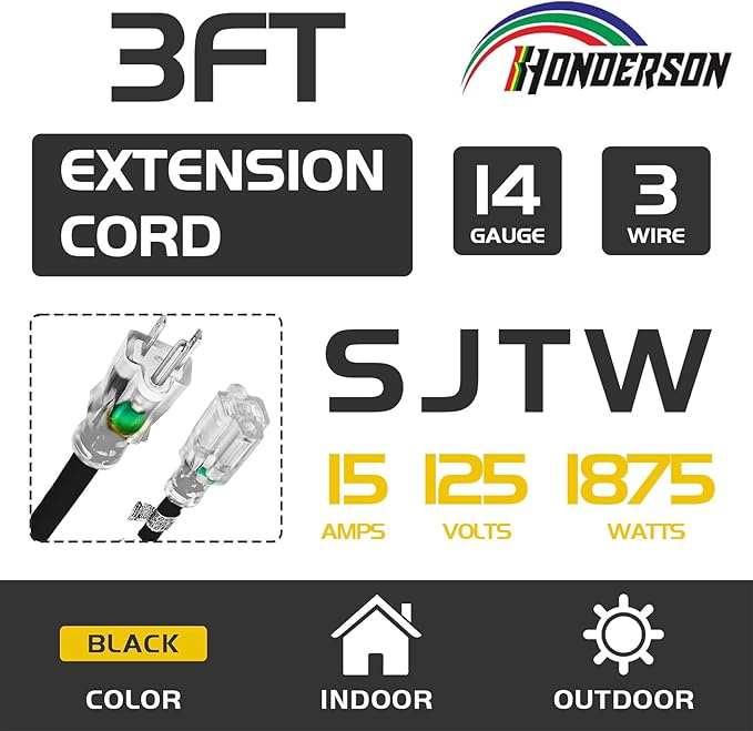 Extension Cord Weatherproof with Lighted End, UL Certified, 14 Gauge 3FT Black 3 Prong Heavy Duty, 14/3 SJTW 15A Power Cord for Lights, Lawn
